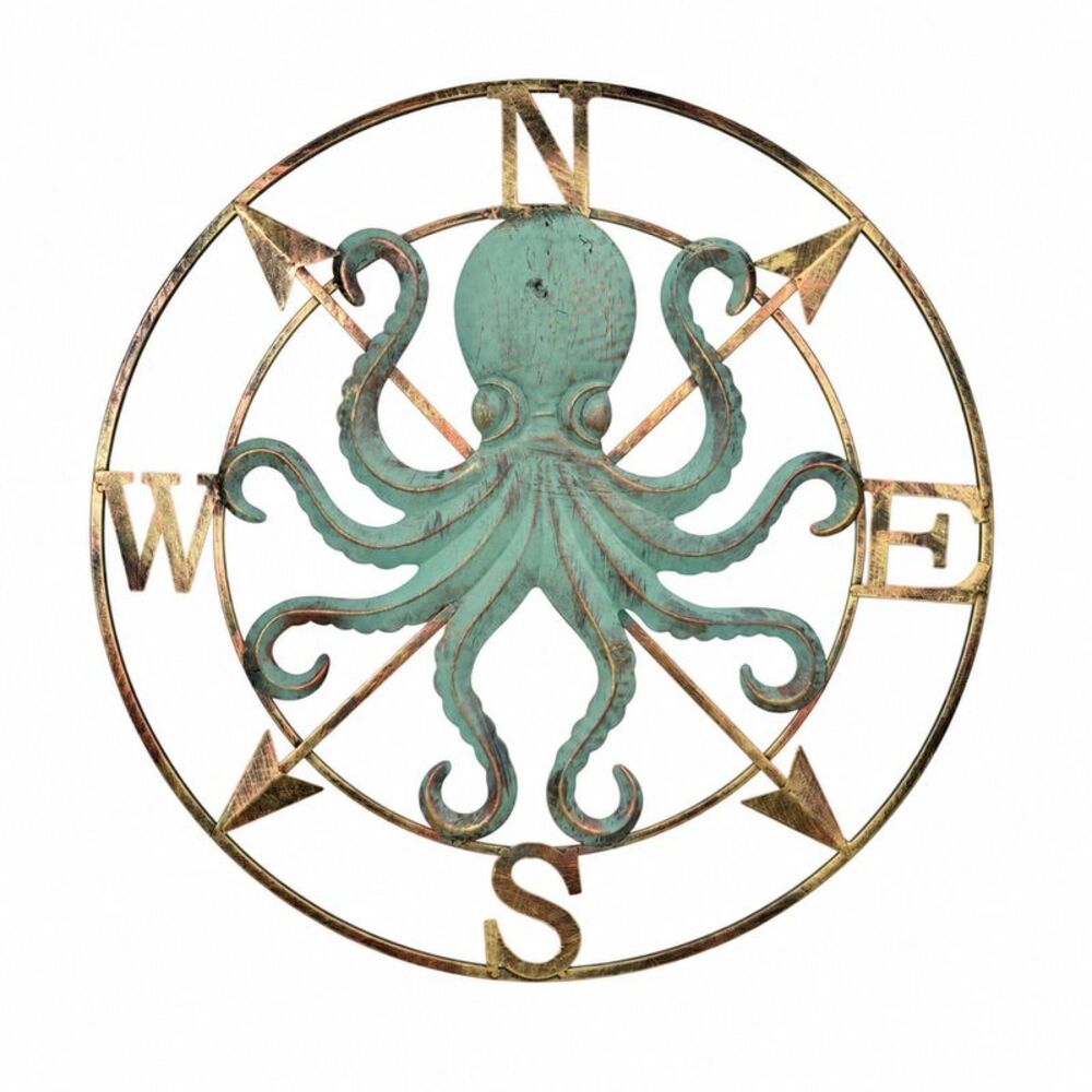 28 Inch Metal Octopus Compass Rose Wall Sculpture Aqua Bronze Nautical Decor
